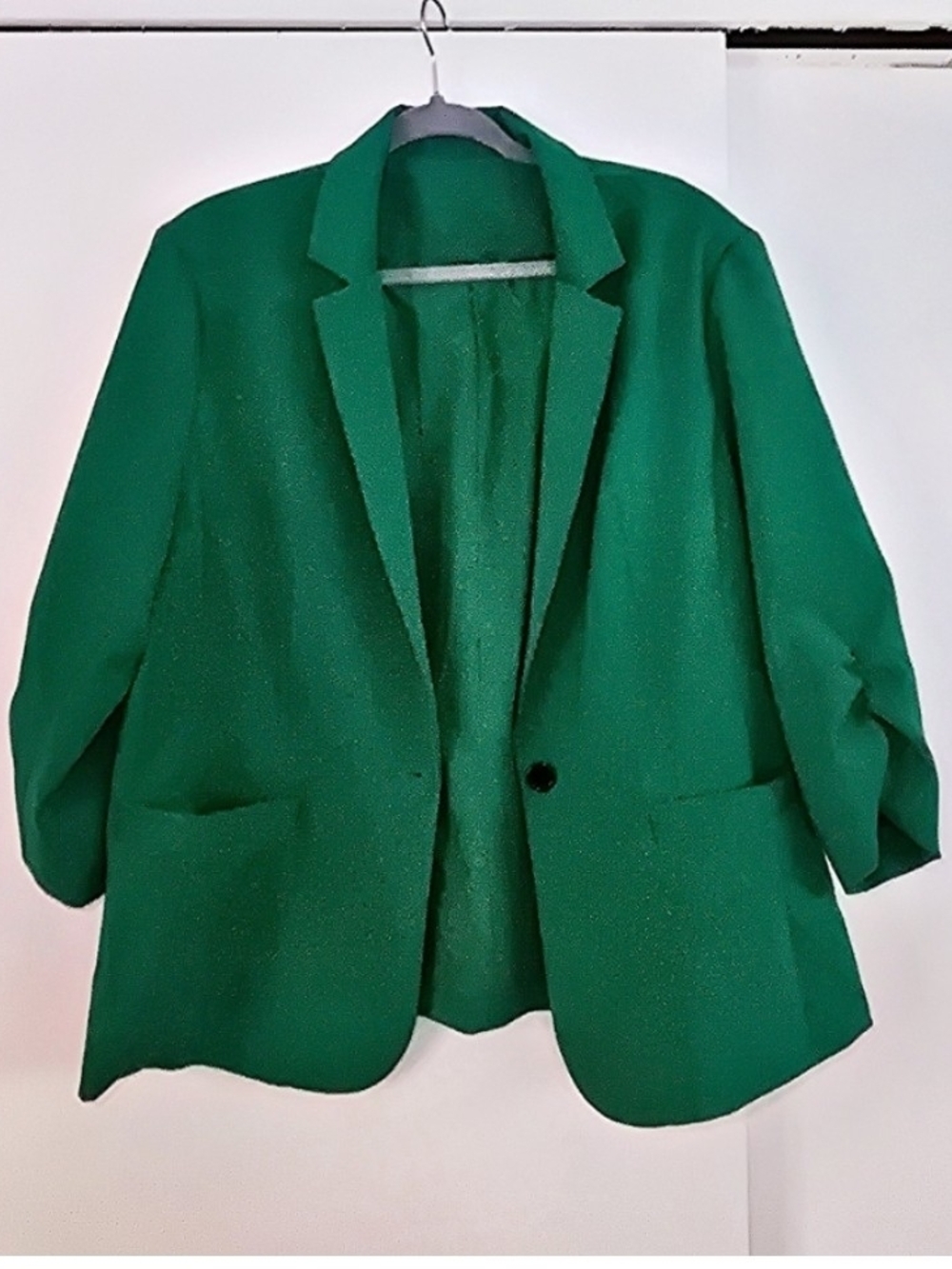 Vibrant Emerald Green Ruched 3/4 Sleeve Blazer 2XL Single Button Pocket Jacket